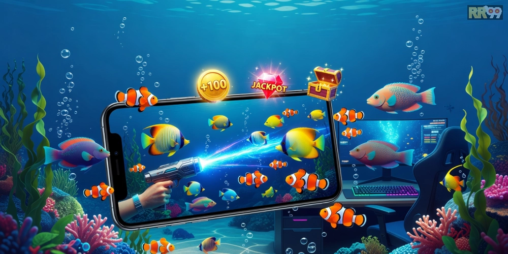 Minh họa khái niệm bắn cá đổi thưởng rr99 với hình ảnh game thủ đang chơi trên màn hình điện thoại