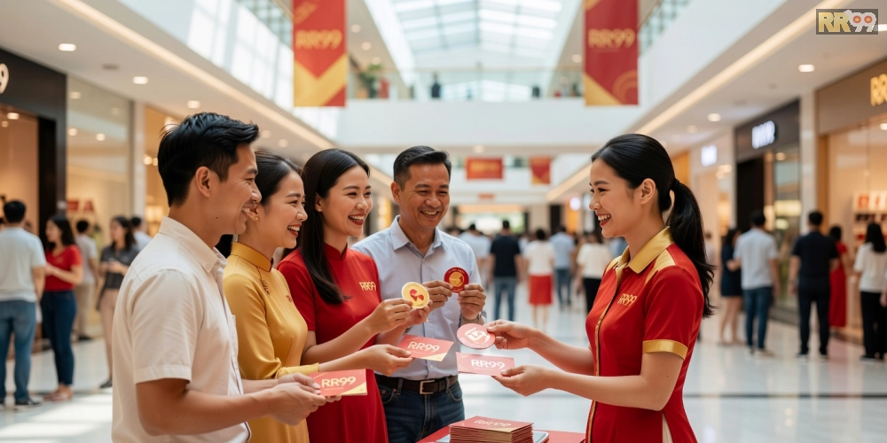Hình minh họa khái niệm chương trình khuyến mãi tri ân khách hàng RR99 với khách hàng nhận quà.