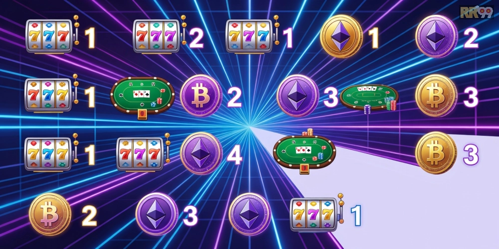 Hình ảnh tổng hợp top crypto casino rr99 với các biểu tượng nền tảng nổi bật và đồ họa hấp dẫn.