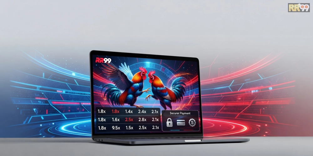 Minh họa khái niệm đá gà online rr99 với giao diện cá cược hiện đại và hình ảnh trực tiếp
