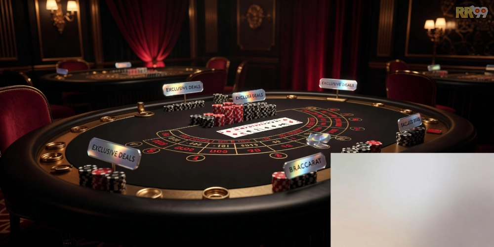Hình ảnh trò chơi Baccarat trên RR99 với bàn chơi chuyên nghiệp và biểu tượng ưu đãi