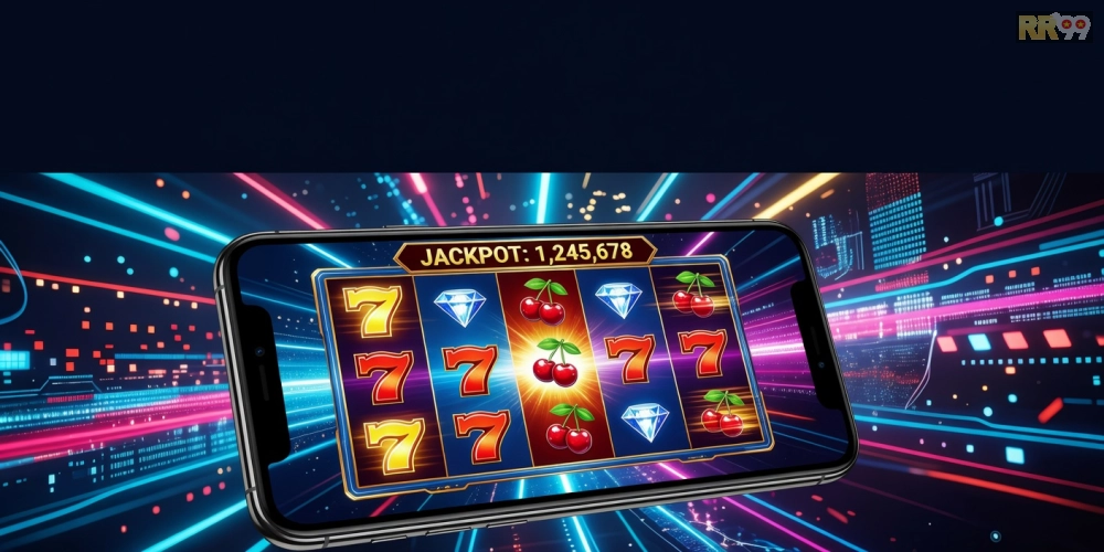 Minh họa khái niệm tải game nổ hũ rr99 với giao diện ứng dụng hiện đại và biểu tượng jackpot