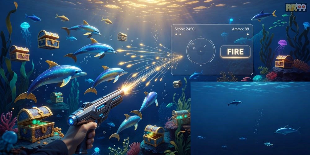 Hình ảnh trải nghiệm game Đại Dương Bắn Cá trên nền tảng RR99 với cá heo và kho báu dưới biển